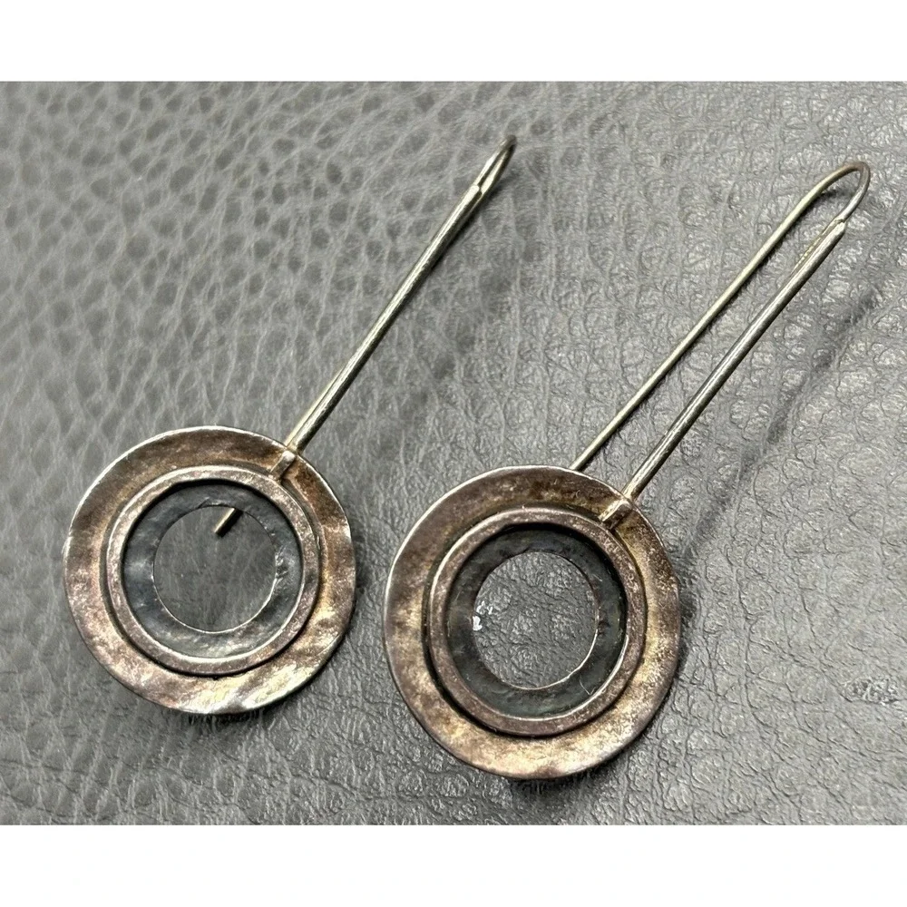 Vintage Silpada Huge Sterling Silver Hammered Circle Drop Earrings Modernist